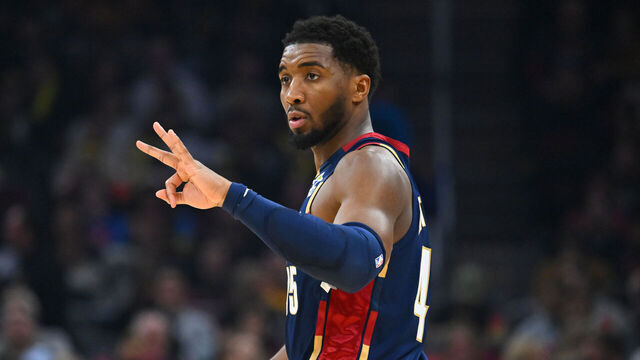 CLEVELAND, OHIO - JANUARY 02: Donovan Mitchell #45 of the Cleveland Cavaliers signals to a teammate during the first half against the Denver Nuggets at Rocket Arena on January 02, 2026 in Cleveland, Ohio.
