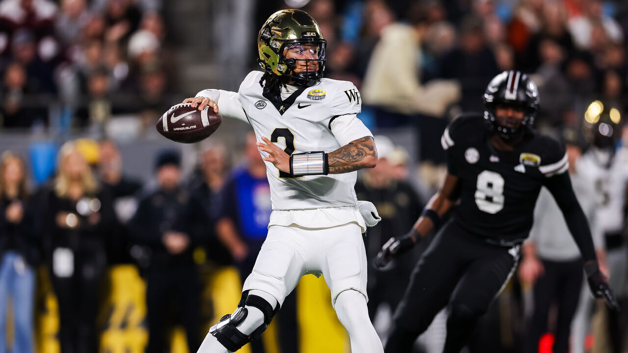 CHARLOTTE, NORTH CAROLINA - JANUARY 02: Robby Ashford #2 of the Wake Forest Demon Deacons throws a pass during the first half of the 2026 Duke's Mayo Bowl against the Mississippi State Bulldogs at Bank of America Stadium on January 02, 2026 in Charlotte, North Carolina.