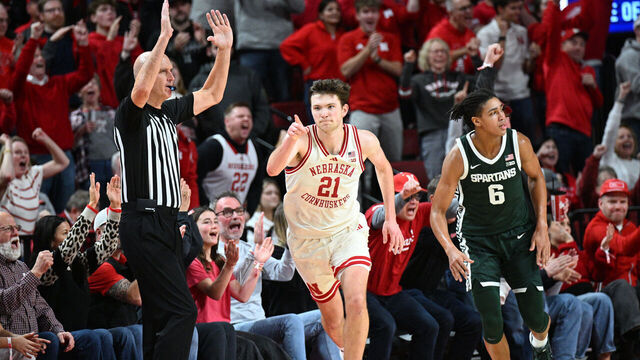LINCOLN, NEBRASKA - JANUARY 2: Pryce Sandfort #21 of the Nebraska Cornhuskers reacts after hitting a three point basket against the Michigan State Spartans during the second half at Pinnacle Bank Arena on January 2, 2026 in Lincoln, Nebraska.