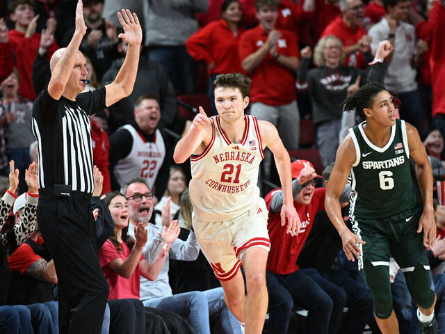 LINCOLN, NEBRASKA - JANUARY 2: Pryce Sandfort #21 of the Nebraska Cornhuskers reacts after hitting a three point basket against the Michigan State Spartans during the second half at Pinnacle Bank Arena on January 2, 2026 in Lincoln, Nebraska.