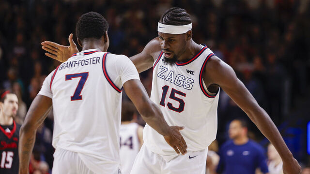 SPOKANE, WA - JANUARY 02: Gonzaga Bulldogs forward Graham Ike (15) celebrates with Gonzaga Bulldogs guard Tyon Grant-Foster (7) during the game between the Seattle U Redhawks and the Gonzaga Bulldogs at McCarthy Athletic Center in Spokane, WA, on January 2, 2026.