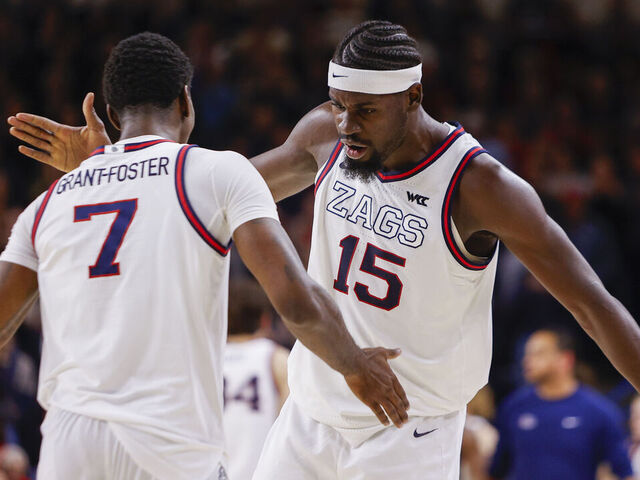 SPOKANE, WA - JANUARY 02: Gonzaga Bulldogs forward Graham Ike (15) celebrates with Gonzaga Bulldogs guard Tyon Grant-Foster (7) during the game between the Seattle U Redhawks and the Gonzaga Bulldogs at McCarthy Athletic Center in Spokane, WA, on January 2, 2026.