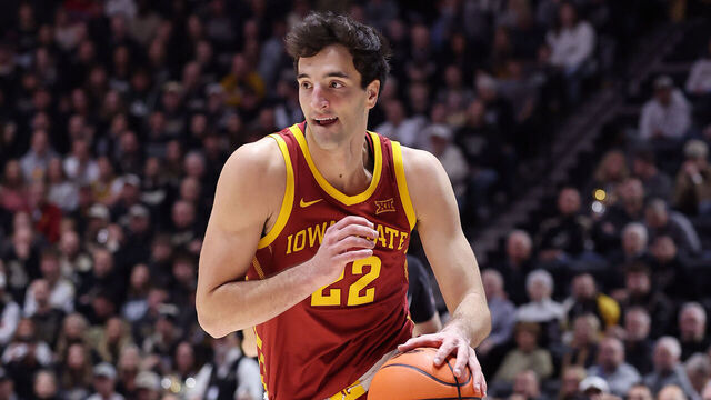 WEST LAFAYETTE, INDIANA - DECEMBER 06: Milan Momcilovic #22 of the Iowa State Cyclones drives to the basket against the Purdue Boilermakers during the first half at Mackey Arena on December 06, 2025 in West Lafayette, Indiana.