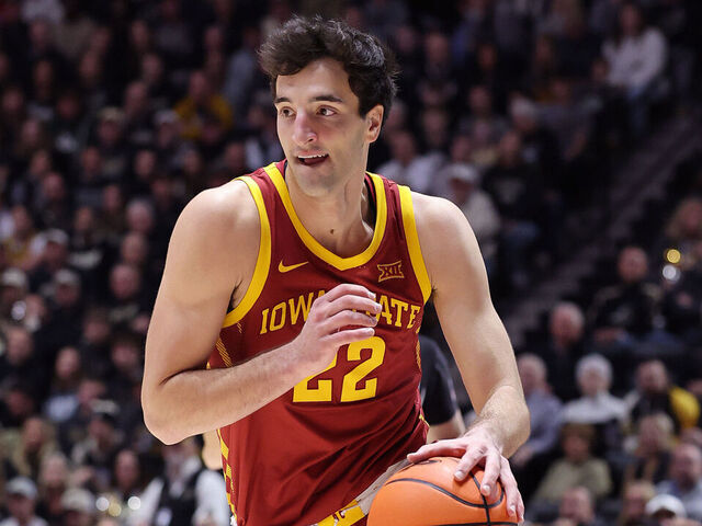 WEST LAFAYETTE, INDIANA - DECEMBER 06: Milan Momcilovic #22 of the Iowa State Cyclones drives to the basket against the Purdue Boilermakers during the first half at Mackey Arena on December 06, 2025 in West Lafayette, Indiana.