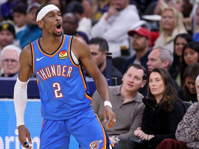 SAN FRANCISCO, CALIFORNIA - JANUARY 02: Shai Gilgeous-Alexander #2 of the Oklahoma City Thunder reacts after making a basket against the Golden State Warriors during the second half at Chase Center on January 02, 2026 in San Francisco, California. NOTE TO USER: User expressly acknowledges and agrees that, by downloading and/or using this photograph, user is consenting to the terms and conditions of the Getty Images License Agreement.