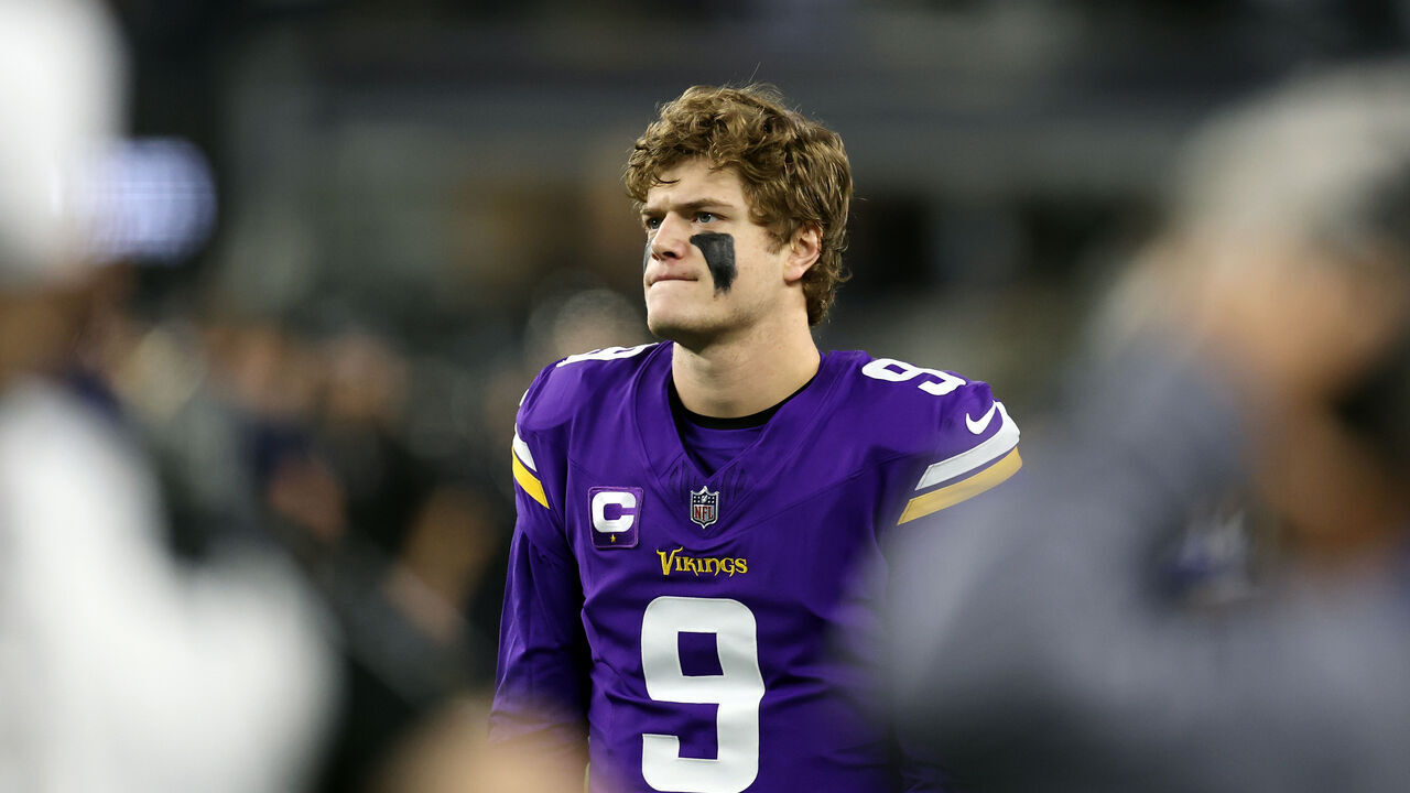ARLINGTON, TEXAS - DECEMBER 14: J.J. McCarthy #9 of the Minnesota Vikings takes the field prior to a game against the Dallas Cowboys at AT&T Stadium on December 14, 2025 in Arlington, Texas.