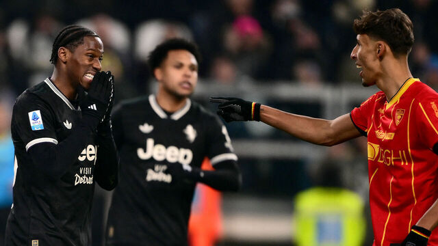 Juventus' Canadian forward #30 Jonathan David (L) reacts after missing a penalty during the Italian Serie A football match between Juventus and Lecce at the Allianz Stadium in Turin on January 3, 2026.