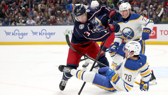 COLUMBUS, OHIO - JANUARY 3: Charlie Coyle #3 of the Columbus Blue Jackets checks Jacob Bryson #78 of the Buffalo Sabres while battling for control of the puck during the first period of the game at Nationwide Arena on January 3, 2025 in Columbus, Ohio.