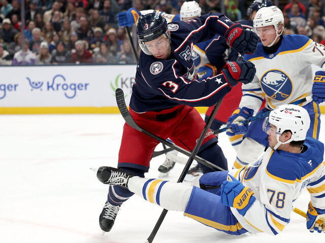 COLUMBUS, OHIO - JANUARY 3: Charlie Coyle #3 of the Columbus Blue Jackets checks Jacob Bryson #78 of the Buffalo Sabres while battling for control of the puck during the first period of the game at Nationwide Arena on January 3, 2025 in Columbus, Ohio.