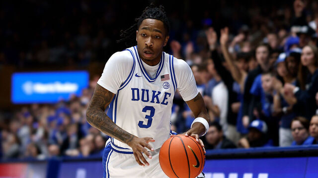 DURHAM, NORTH CAROLINA - DECEMBER 31: Isaiah Evans #3 of the Duke Blue Devils moves the ball against the Georgia Tech Yellow Jackets at Cameron Indoor Stadium on December 31, 2025 in Durham, North Carolina.