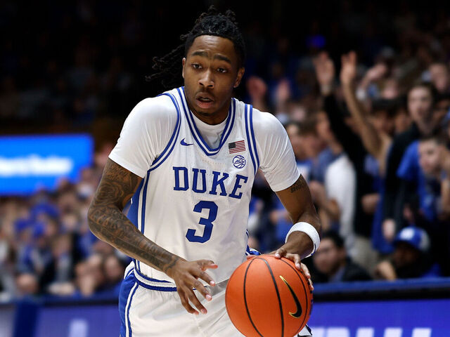 DURHAM, NORTH CAROLINA - DECEMBER 31: Isaiah Evans #3 of the Duke Blue Devils moves the ball against the Georgia Tech Yellow Jackets at Cameron Indoor Stadium on December 31, 2025 in Durham, North Carolina.