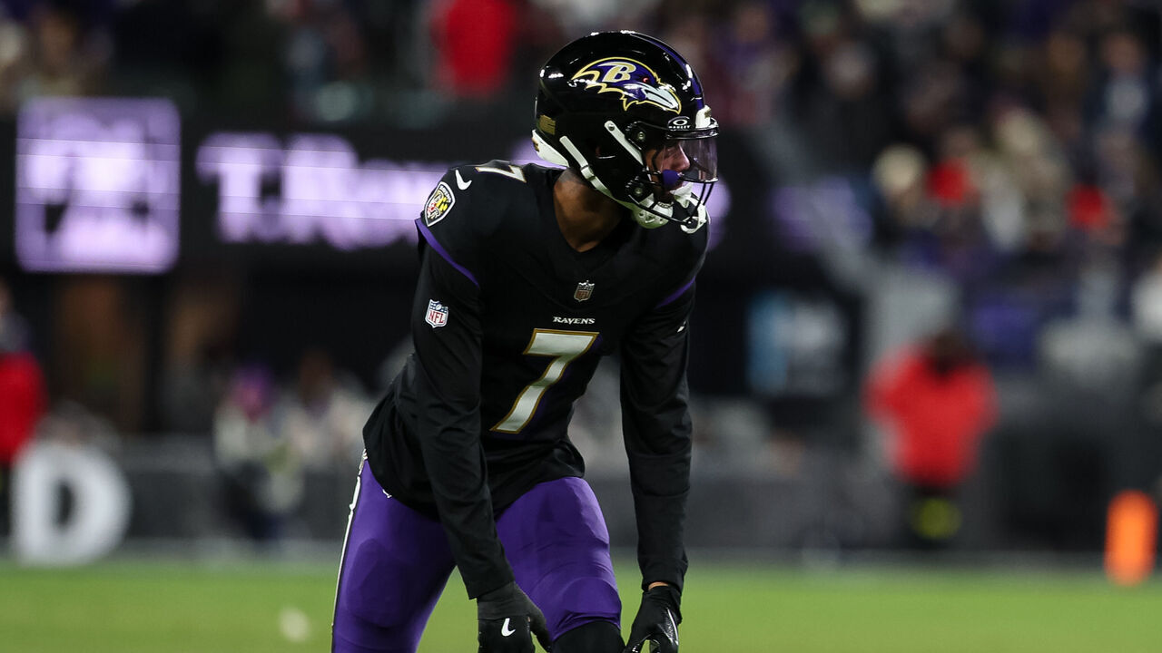 BALTIMORE, MD - DECEMBER 21: Rashod Bateman #7 of the Baltimore Ravens lines up against the New England Patriots during the first half at M&T Bank Stadium on December 21, 2025 in Baltimore, Maryland.
