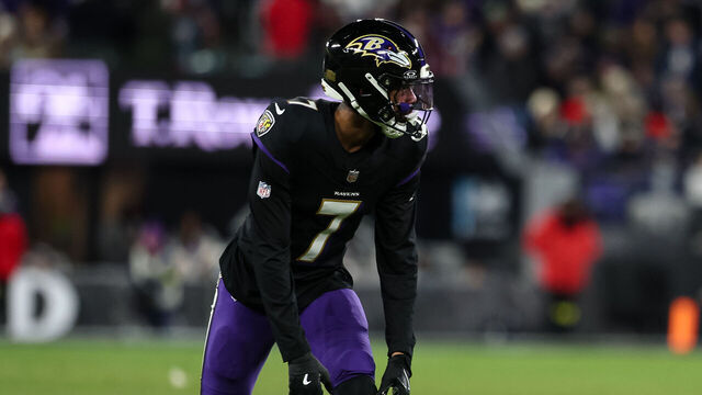 BALTIMORE, MD - DECEMBER 21: Rashod Bateman #7 of the Baltimore Ravens lines up against the New England Patriots during the first half at M&T Bank Stadium on December 21, 2025 in Baltimore, Maryland.