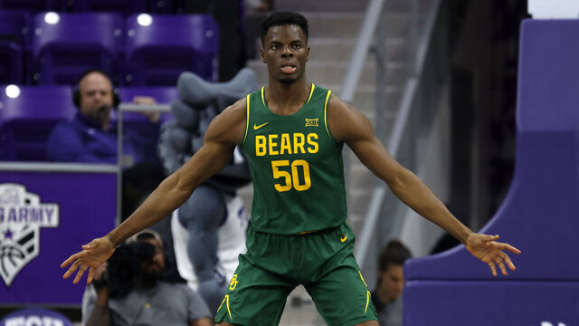 FORT WORTH, TEXAS - JANUARY 3: James Nnaji #50 of the Baylor Bears plays defense against the TCU Horned Frogs during the first half on January 3, 2026 in Fort Worth, Texas.
