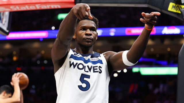 MIAMI, FLORIDA - JANUARY 03: Anthony Edwards #5 of the Minnesota Timberwolves celebrates during the fourth quarter of the game against the Miami Heat at Kaseya Center on January 03, 2026 in Miami, Florida.