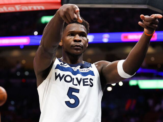 MIAMI, FLORIDA - JANUARY 03: Anthony Edwards #5 of the Minnesota Timberwolves celebrates during the fourth quarter of the game against the Miami Heat at Kaseya Center on January 03, 2026 in Miami, Florida.