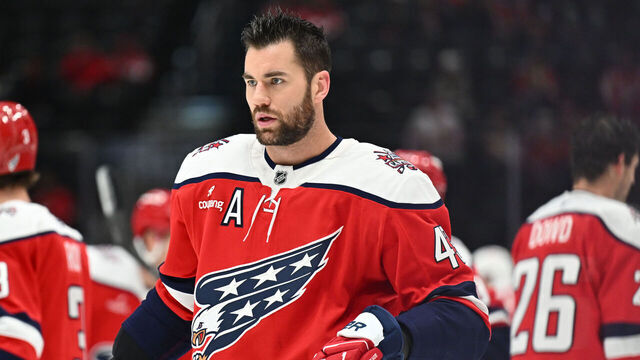 WASHINGTON, D.C. - DECEMBER 20: Tom Wilson #43 of the Washington Capitals warms up before the game against the Detroit Red Wings on December 20, 2025 at Capital One Arena in Washington, D.C.