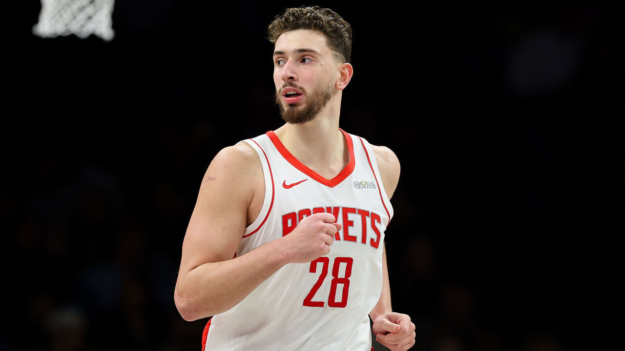 NEW YORK, NEW YORK - JANUARY 01: Alperen Sengun #28 of the Houston Rockets looks on during the game against the Brooklyn Nets at Barclays Center on January 01, 2026 in the Brooklyn borough of New York City. The Houston Rockets won 120-96.