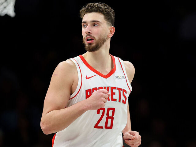 NEW YORK, NEW YORK - JANUARY 01: Alperen Sengun #28 of the Houston Rockets looks on during the game against the Brooklyn Nets at Barclays Center on January 01, 2026 in the Brooklyn borough of New York City. The Houston Rockets won 120-96.