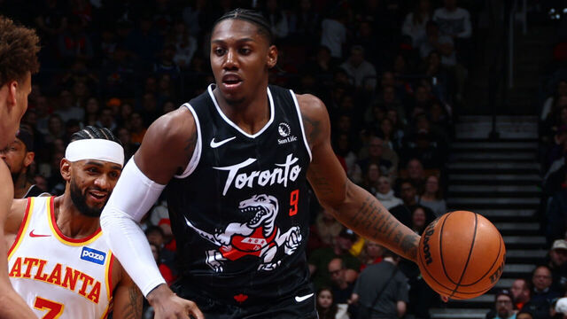 TORONTO, CANADA - JANUARY 3: RJ Barrett #9 of the Toronto Raptors dribbles the ball during the game against the Atlanta Hawks on January 3, 2026 at the Scotiabank Arena in Toronto, Ontario, Canada. Mandatory Copyright Notice: Copyright 2025 NBAE
