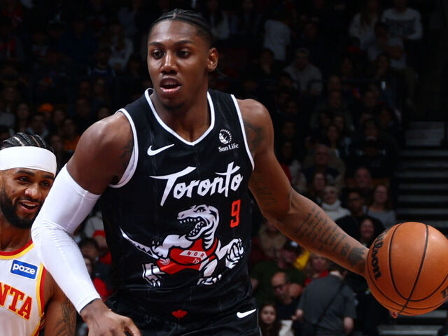 TORONTO, CANADA - JANUARY 3: RJ Barrett #9 of the Toronto Raptors dribbles the ball during the game against the Atlanta Hawks on January 3, 2026 at the Scotiabank Arena in Toronto, Ontario, Canada. Mandatory Copyright Notice: Copyright 2025 NBAE