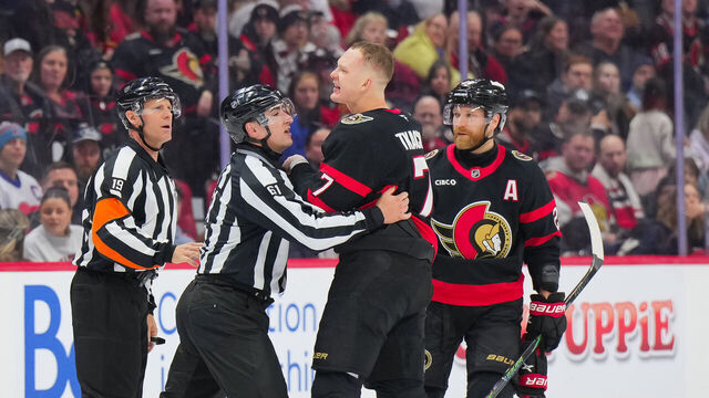 OTTAWA, CANADA - JANUARY 3: Brady Tkachuk #7 of the Ottawa Senators between whistles during the second period against the Winnipeg Jets on January 3, 2026 at Canadian Tire Centre in Ottawa, Ontario, Canada.