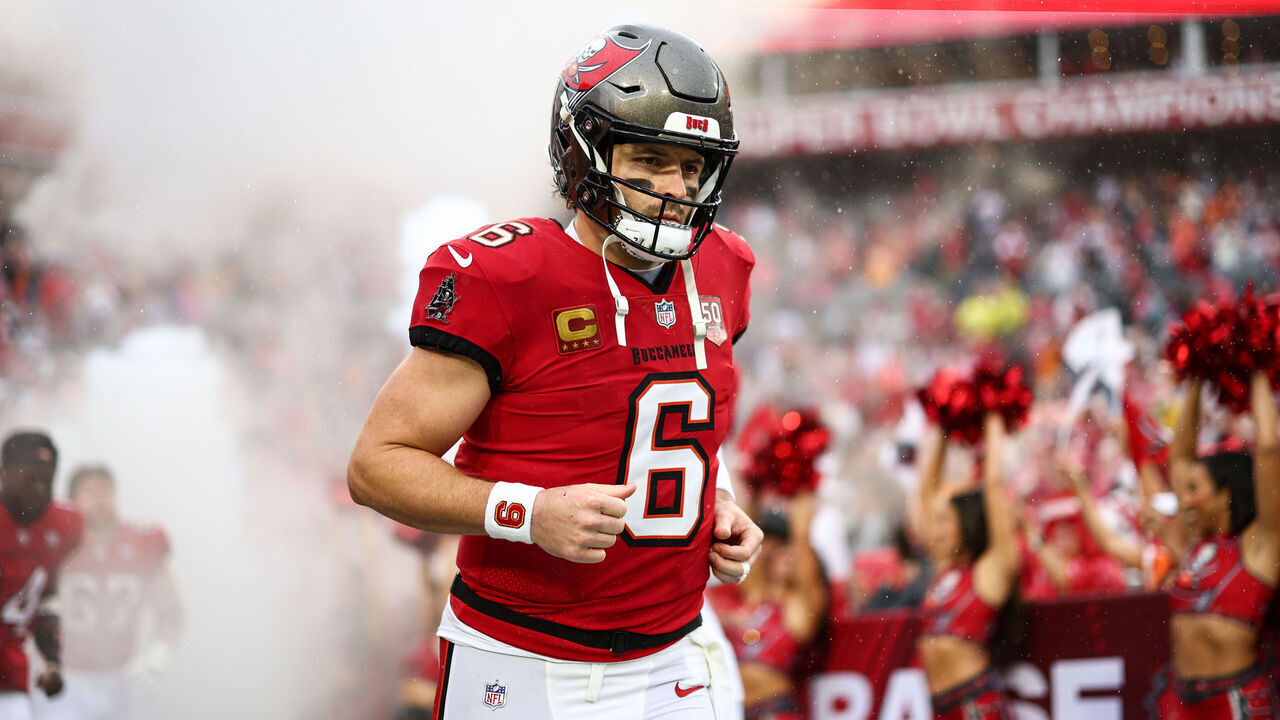 TAMPA, FLORIDA - JANUARY 3: Baker Mayfield #6 of the Tampa Bay Buccaneers runs onto the field prior to the game against the Carolina Panthers at Raymond James Stadium on January 3, 2026 in Tampa, Florida.
