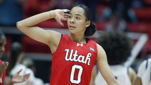 SALT LAKE CITY, UT - JANUARY 3: Lani White #0 of the Utah Utes reacts to the crowd as she walks off the court for a time out during their overtime win against the Texas Christian University Horned Frogs at the Jon M Huntsman Center on January 3, 2026 in Salt Lake City, Utah.