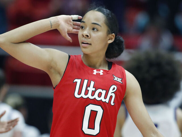 SALT LAKE CITY, UT - JANUARY 3: Lani White #0 of the Utah Utes reacts to the crowd as she walks off the court for a time out during their overtime win against the Texas Christian University Horned Frogs at the Jon M Huntsman Center on January 3, 2026 in Salt Lake City, Utah.