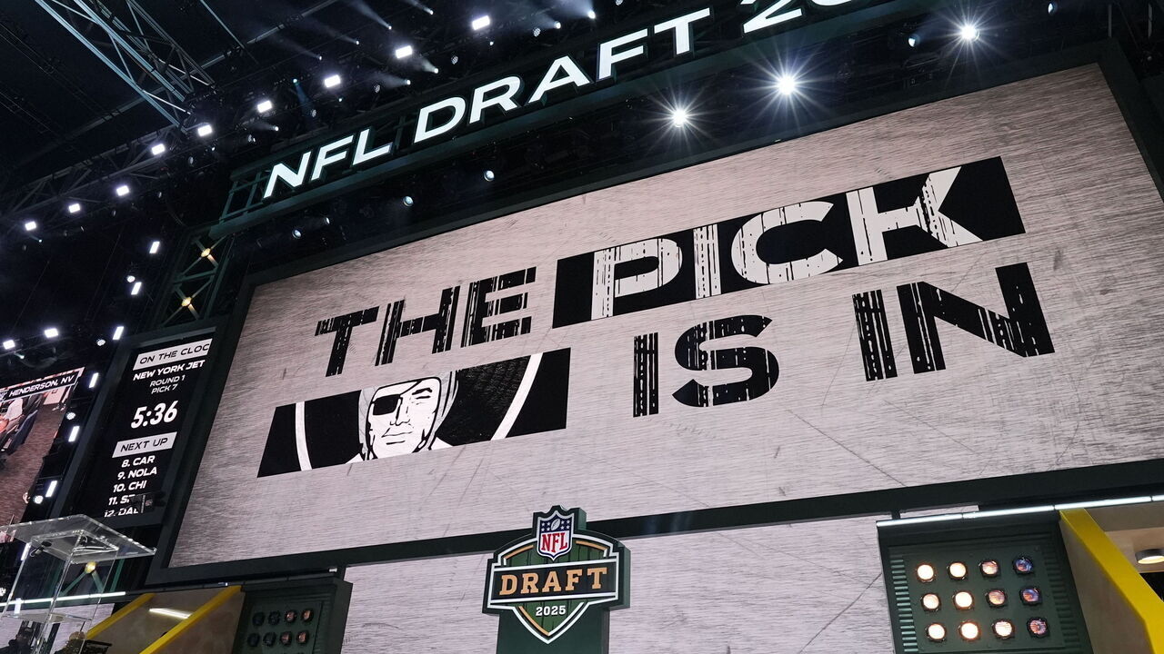 GREEN BAY, WISCONSIN - APRIL 24: A general view of the video board on stage with The Pick Is In with the Las Vegas Raiders sixth pick during the first round of the 2025 NFL Draft on April 24, 2025 in Green Bay, Wisconsin.