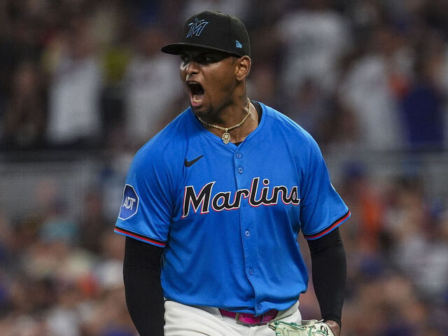 MIAMI, FLORIDA - SEPTEMBER 28: Edward Cabrera #27 of the Miami Marlins reacts in the game against the New York Mets at loanDepot park on September 28, 2025 in Miami, Florida.