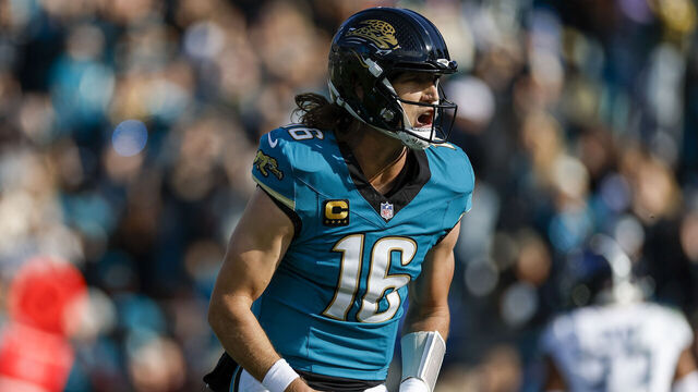 JACKSONVILLE, FL - JANUARY 04: Trevor Lawrence #16 of the Jacksonville Jaguars reacts after throwing a touchdown pass during the game between the Jacksonville Jaguars and the Tennessee Titans on January 4, 2026 at EverBank Stadium in Jacksonville, Fl.