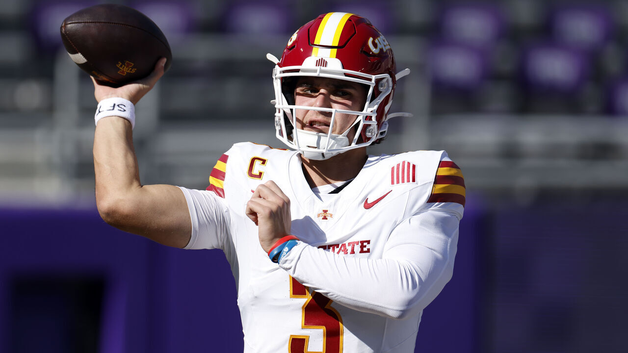 FORT WORTH, TEXAS - NOVEMBER 8: Rocco Becht #3 of the Iowa State Cyclones throws before the game against the TCU Horned Frogs at Amon G. Carter Stadium on November 8, 2025 in Fort Worth, Texas.
