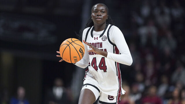 COLUMBIA, SOUTH CAROLINA - JANUARY 1: Agot Makeer #44 of the South Carolina Gamecocks dribbles the ball during the fourth quarter of an NCAA women's basketball game against the Alabama Crimson Tide at Colonial Life Arena on January 1, 2026 in Columbia, South Carolina.