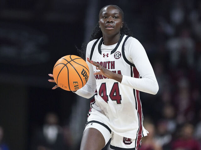 COLUMBIA, SOUTH CAROLINA - JANUARY 1: Agot Makeer #44 of the South Carolina Gamecocks dribbles the ball during the fourth quarter of an NCAA women's basketball game against the Alabama Crimson Tide at Colonial Life Arena on January 1, 2026 in Columbia, South Carolina.