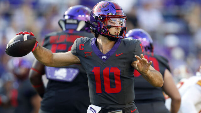 FORT WORTH, TEXAS - NOVEMBER 8: Josh Hoover #10 of the TCU Horned Frogs looks to throw against the Iowa State Cyclones during the first half at Amon G. Carter Stadium on November 8, 2025 in Fort Worth, Texas.