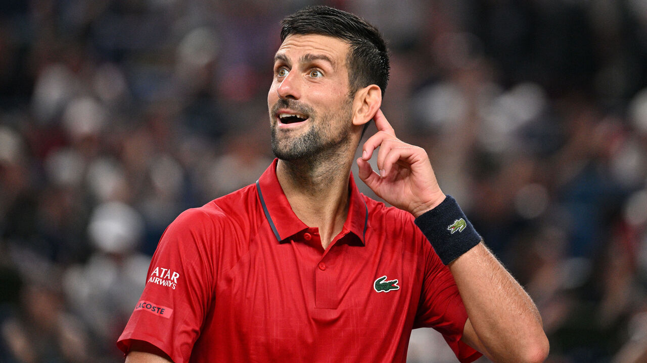 Serbia's Novak Djokovic reacts during his men's singles semi-final match against Monaco's Valentin Vacherotat the Shanghai Masters tennis tournament in Shanghai on October 11, 2025.