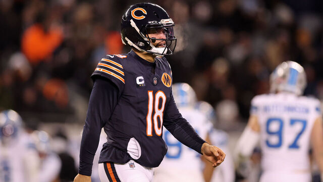 CHICAGO, ILLINOIS - JANUARY 04: Caleb Williams #18 of the Chicago Bears looks on in the third quarter against the Detroit Lions at Soldier Field on January 04, 2026 in Chicago, Illinois.