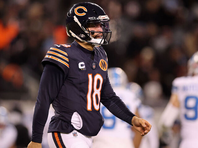 CHICAGO, ILLINOIS - JANUARY 04: Caleb Williams #18 of the Chicago Bears looks on in the third quarter against the Detroit Lions at Soldier Field on January 04, 2026 in Chicago, Illinois.
