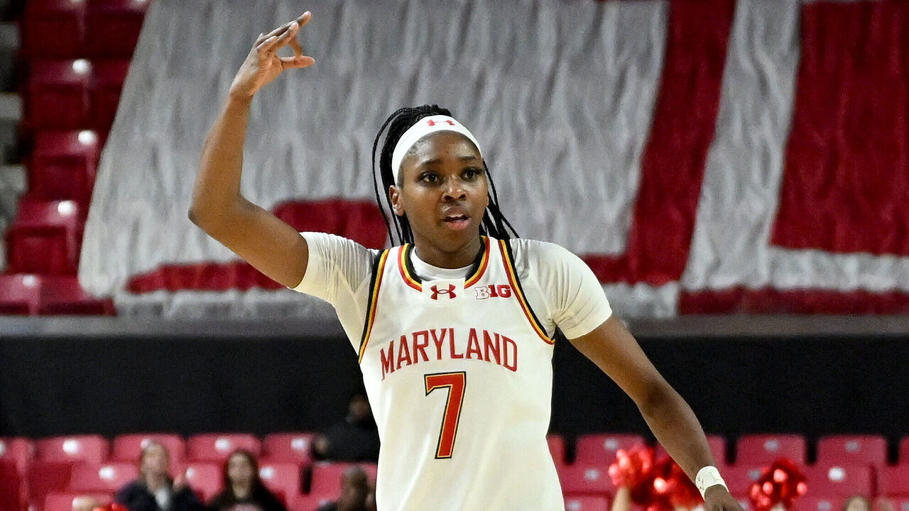 COLLEGE PARK, MARYLAND - JANUARY 04: Oluchi Okananwa #7 of the Maryland Terrapins celebrates during the third quarter against the Indiana Hoosiers at Xfinity Center on January 04, 2026 in College Park, Maryland.