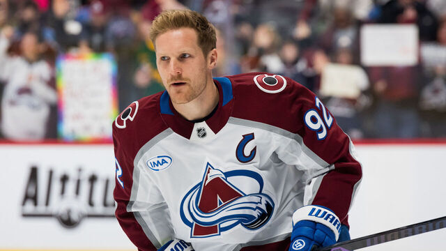 DENVER, COLORADO - DECEMBER 29: Gabriel Landeskog #92 of the Colorado Avalanche skates in warmups ahead of the game against the Los Angeles Kings at Ball Arena on December 29, 2025 in Denver, Colorado.
