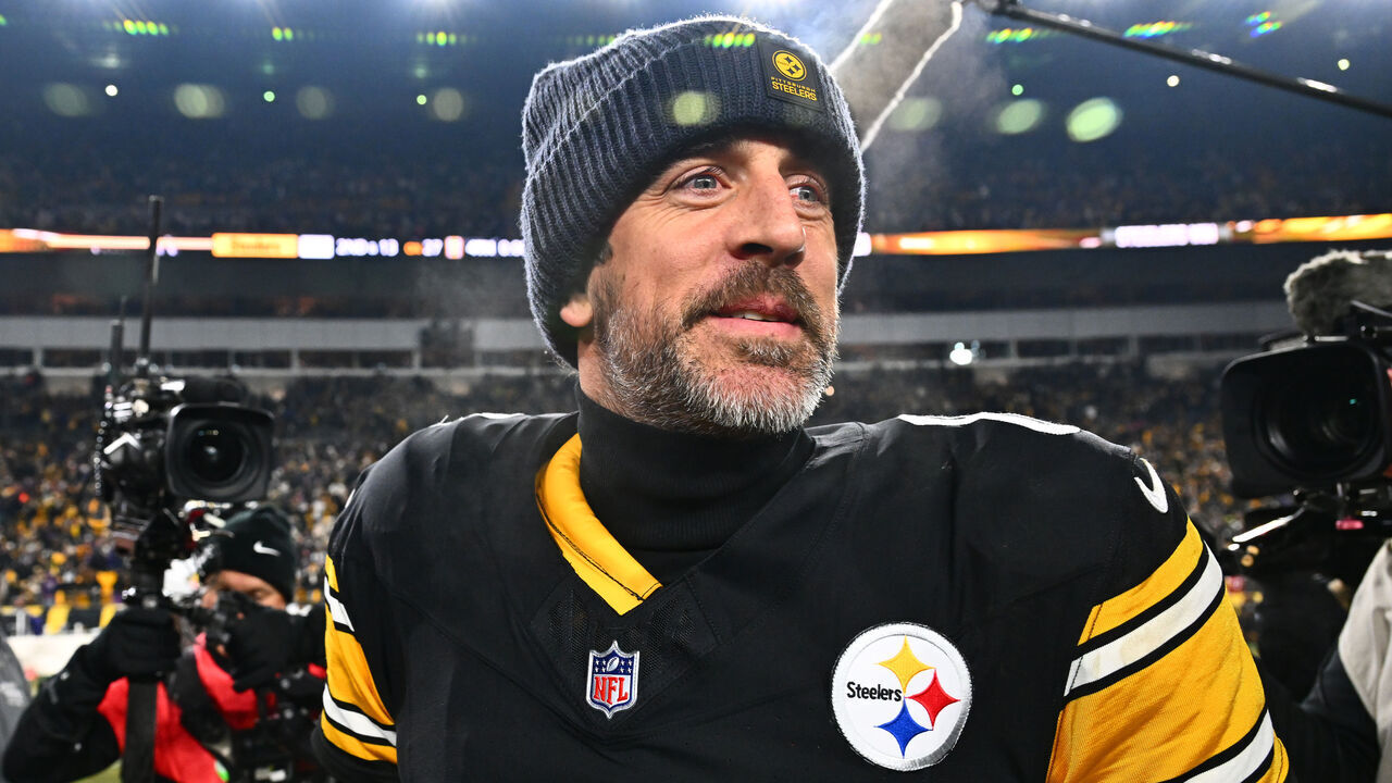 PITTSBURGH, PENNSYLVANIA - JANUARY 04: Aaron Rodgers #8 of the Pittsburgh Steelers looks on after defeating the Baltimore Ravens at Acrisure Stadium on January 04, 2026 in Pittsburgh, Pennsylvania.