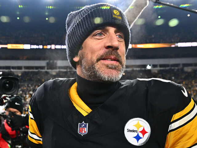 PITTSBURGH, PENNSYLVANIA - JANUARY 04: Aaron Rodgers #8 of the Pittsburgh Steelers looks on after defeating the Baltimore Ravens at Acrisure Stadium on January 04, 2026 in Pittsburgh, Pennsylvania.