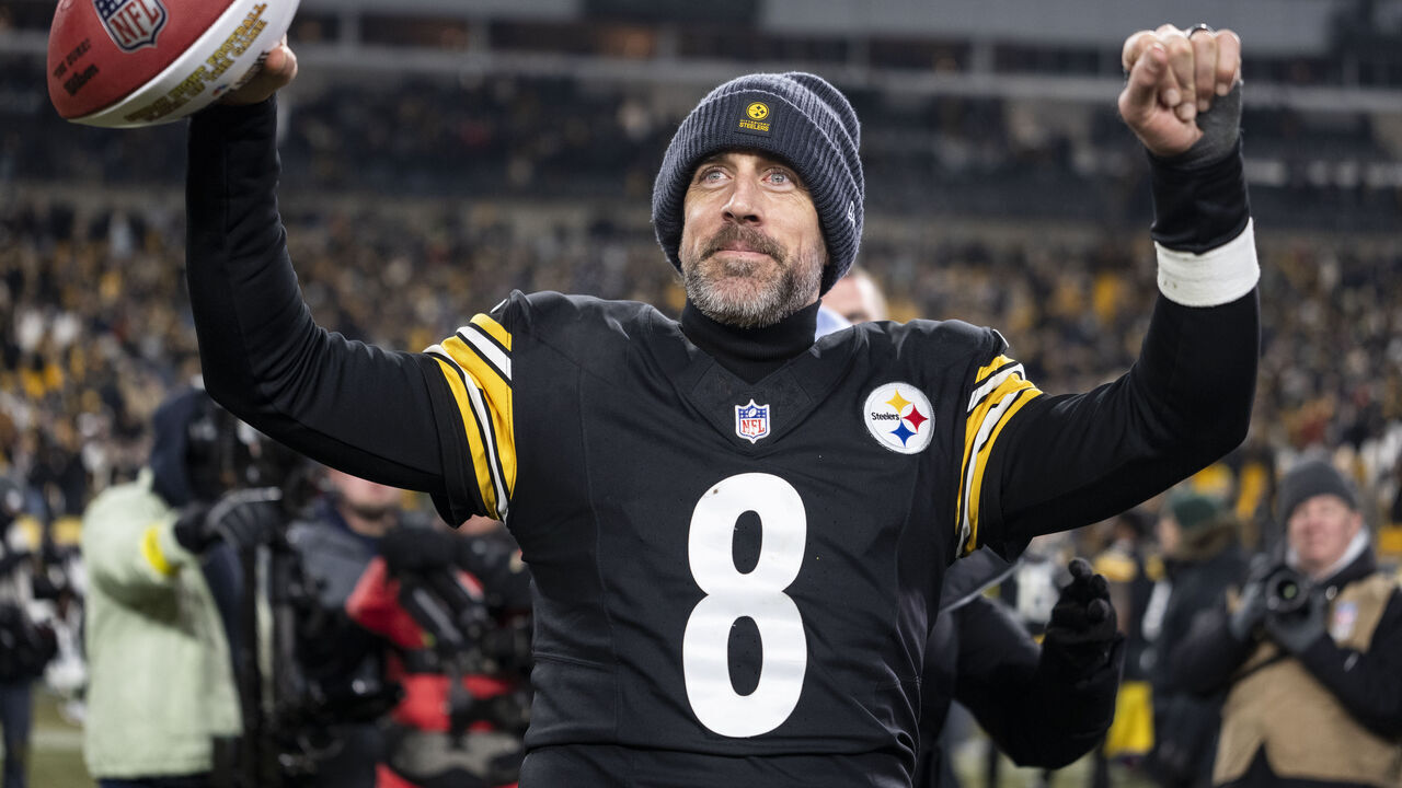 PITTSBURGH, PENNSYLVANIA - JANUARY 4: Aaron Rodgers #8 of the Pittsburgh Steelers celebrates following an NFL football game against the Baltimore Ravens at Acrisure Stadium on January 04, 2026 in Pittsburgh, Pennsylvania.