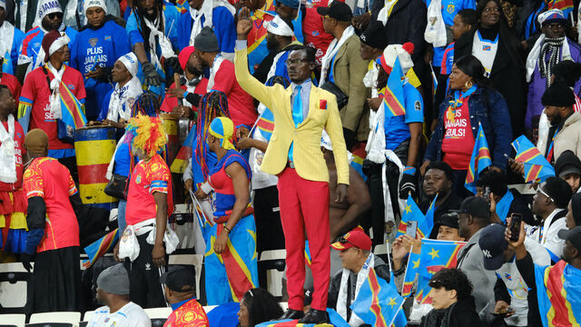 RABAT, MOROCCO â" DECEMBER 30: Congolese superfan and entertainer âLumumbaâ stands throughout the match with his arm raised, passionately supporting DR Congo during the 35th Africa Cup of Nations (AFCON 2025) Group D match against Botswana at Agdal Medina Stadium in Rabat, Morocco, on December 30, 2025, as he aims to set a new personal record.