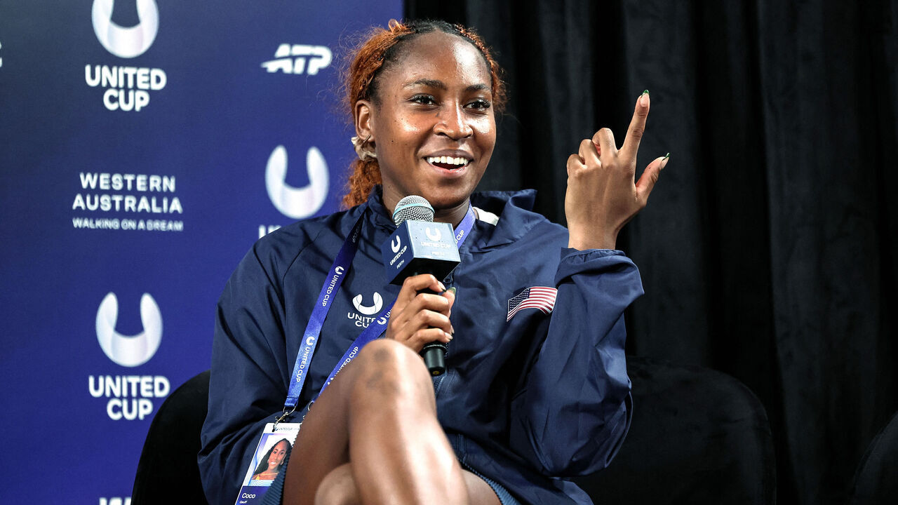 USA's Coco Gauff attends a press confernence at the end of her mixed doubles match with compatriot Christian Harrison against Argentina's Maria Lourdes Carle and Guido Andreozzi at the United Cup tennis tournament in Perth on January 3, 2026. / -- IMAGE RESTRICTED TO EDITORIAL USE - STRICTLY NO COMMERCIAL USE --