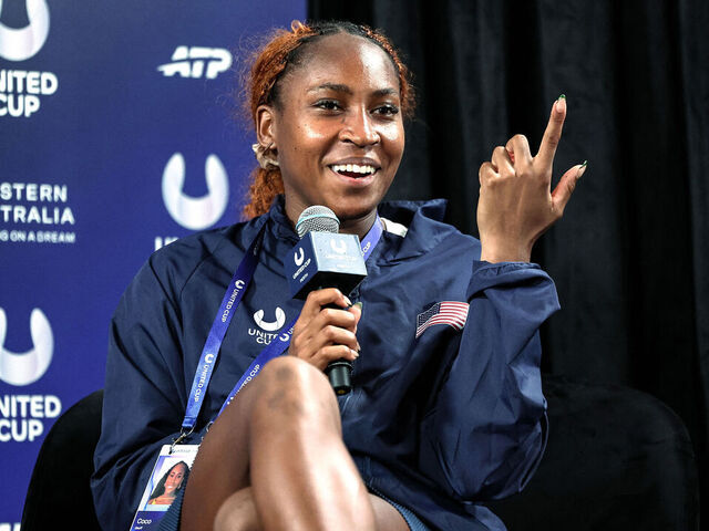 USA's Coco Gauff attends a press confernence at the end of her mixed doubles match with compatriot Christian Harrison against Argentina's Maria Lourdes Carle and Guido Andreozzi at the United Cup tennis tournament in Perth on January 3, 2026. / -- IMAGE RESTRICTED TO EDITORIAL USE - STRICTLY NO COMMERCIAL USE --
