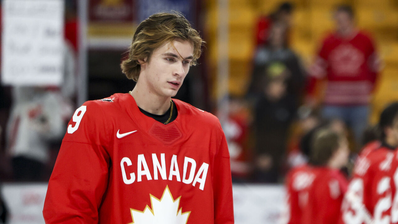 MINNEAPOLIS, MINNESOTA - DECEMBER 29: Gavin McKenna #9 of Canada reacts after winning best player for Canada during the Group B, Game 14 match against Denmark at the IIHF World Junior Championship at Mariucci Arena on December 29, 2025 in Minneapolis, Minnesota.