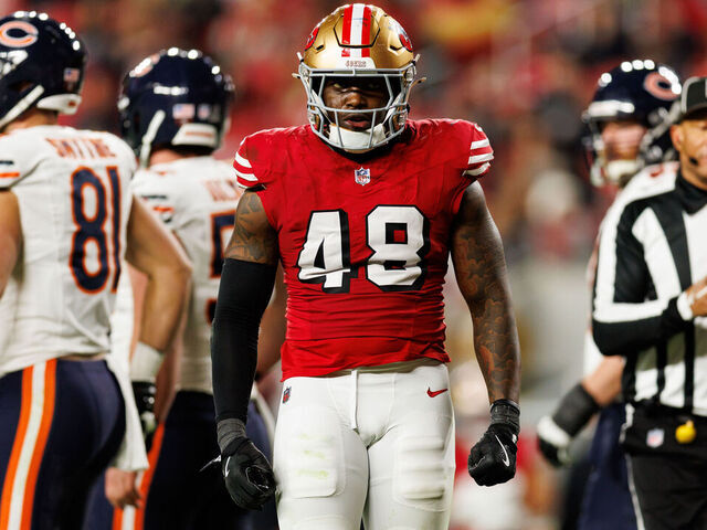 SANTA CLARA, CALIFORNIA - DECEMBER 28: Tatum Bethune #48 of the San Francisco 49ers reacts during the third quarter of an NFL football game against the Chicago Bears at Levi's Stadium on December 28, 2025 in Santa Clara, California.