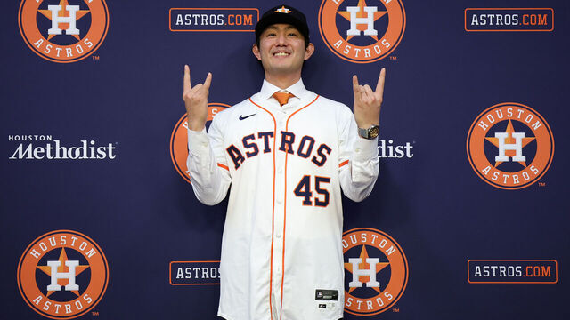 HOUSTON, TEXAS - JANUARY 05: Tatsuya Imai during poses during an introductory press conference after signing a contract with the Houston Astros at Daikin Park on January 05, 2026 in Houston, Texas.
